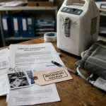 Assurance matériel médical : contrat et concentrateur d’oxygène sur bureau