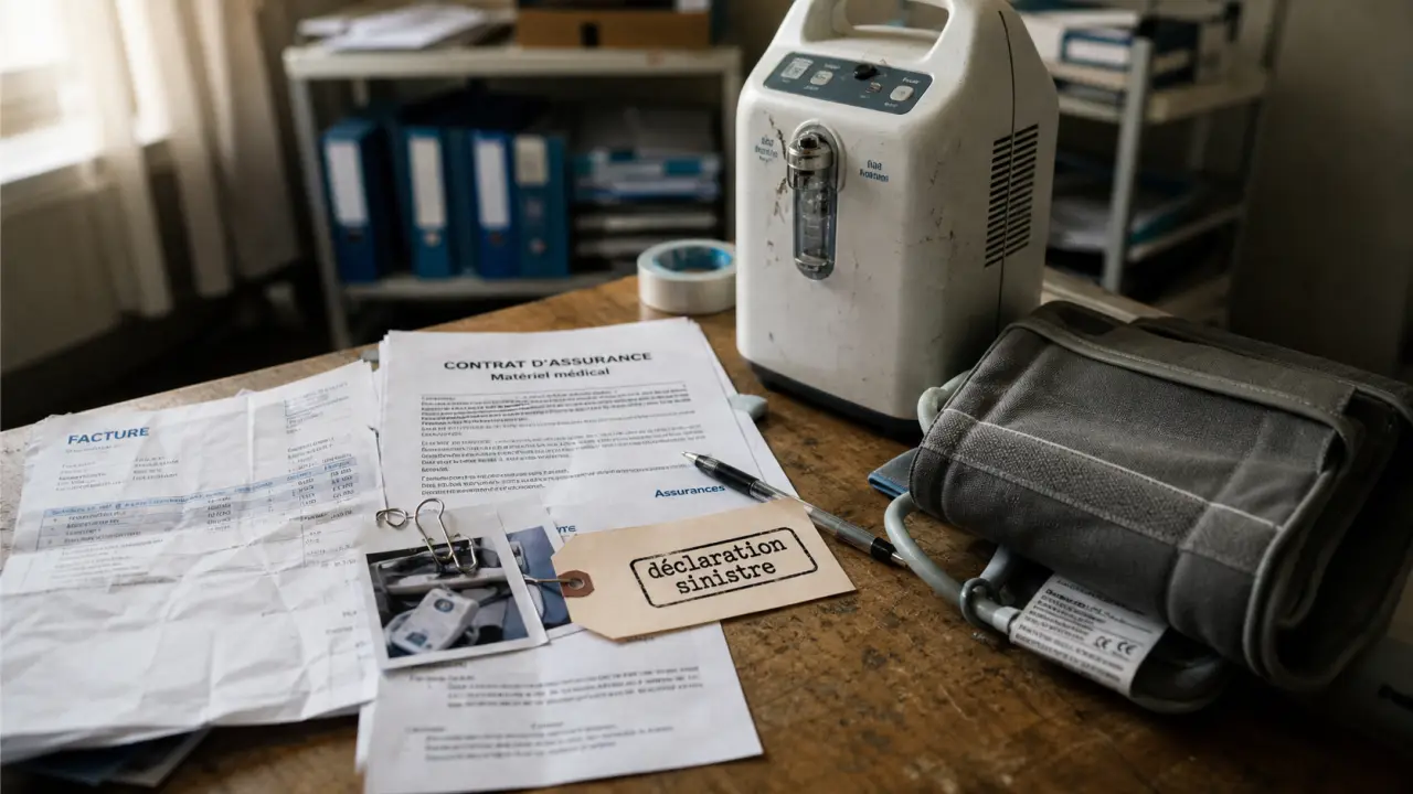 Assurance matériel médical : contrat et concentrateur d’oxygène sur bureau