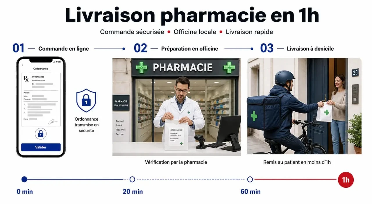 Illustration du parcours d’une pharmacie livraison 1h avec commande, préparation en officine et livraison rapide à domicile