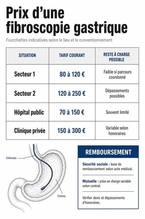 Prix d’une fibroscopie gastrique : fourchettes de tarifs, remboursement et reste à charge