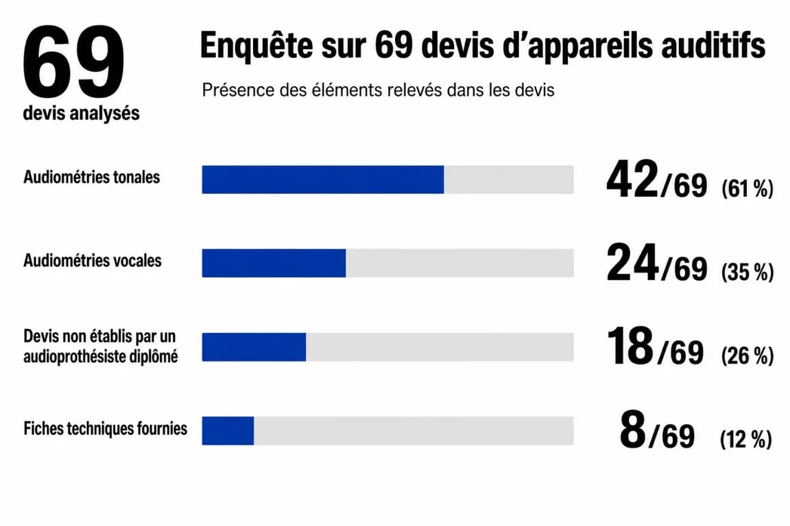 Infographie des résultats de l'enquête 60 Millions de consommateurs sur les devis d'appareil auditif