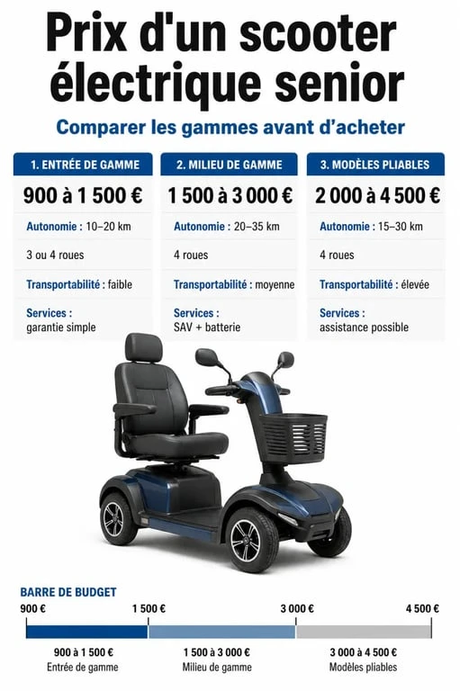 Scooter mobilité électrique freego senior prix : infographie éditoriale de comparaison des prix et critères d’achat