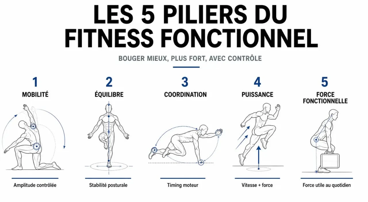 Infographie des 5 piliers du fitness fonctionnel pour une meilleure condition physique