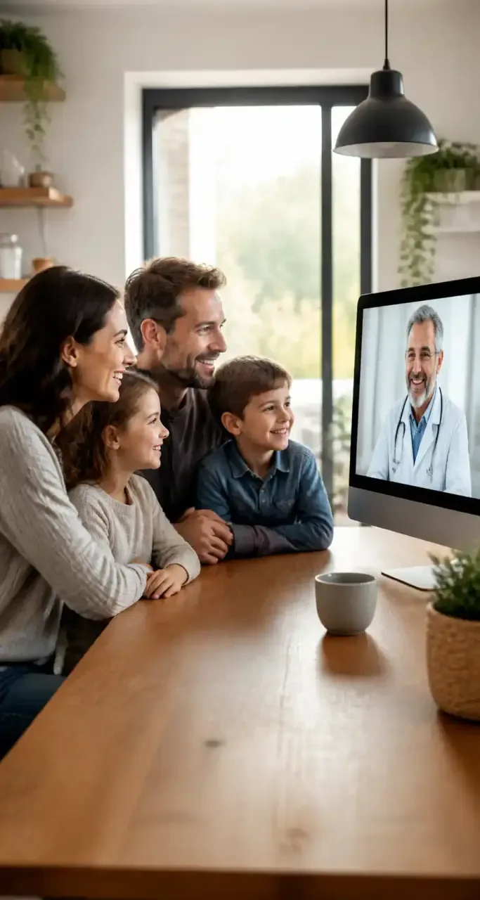 Famille en téléconsultation avec un médecin depuis le domicile