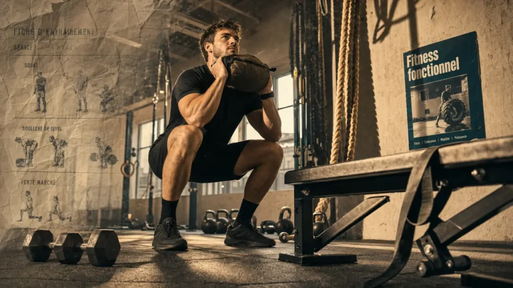Fitness fonctionnel : squat avec sac lesté en salle