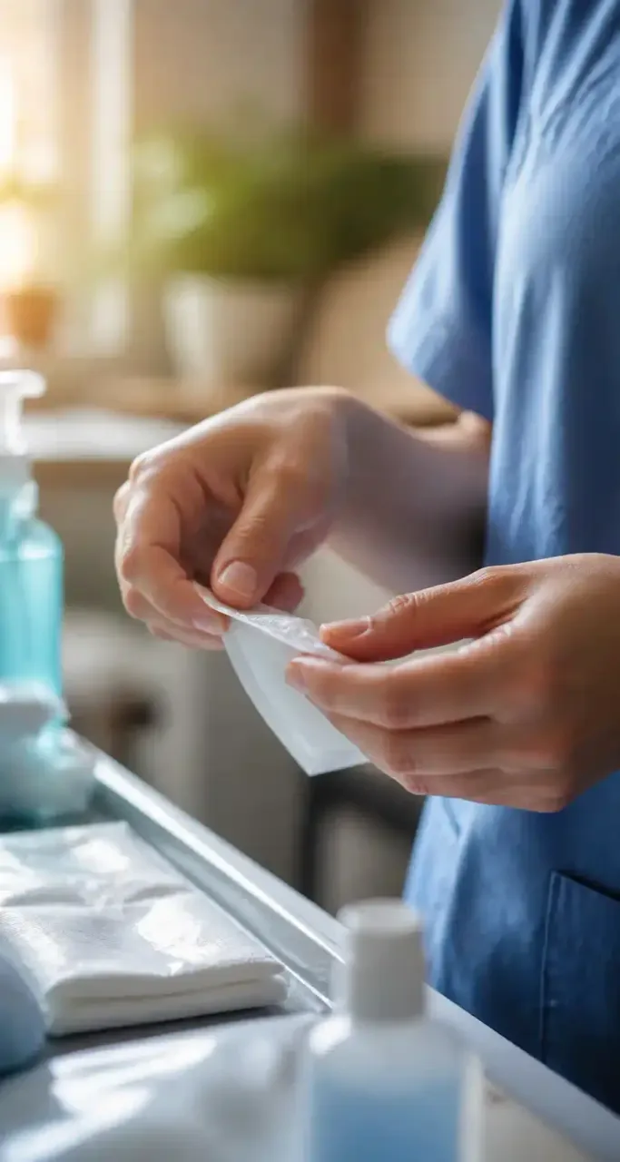 Infirmière préparant du matériel de soin au domicile d'un patient