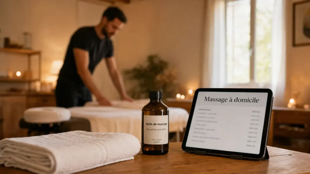 Masseur a domicile préparant un massage à domicile