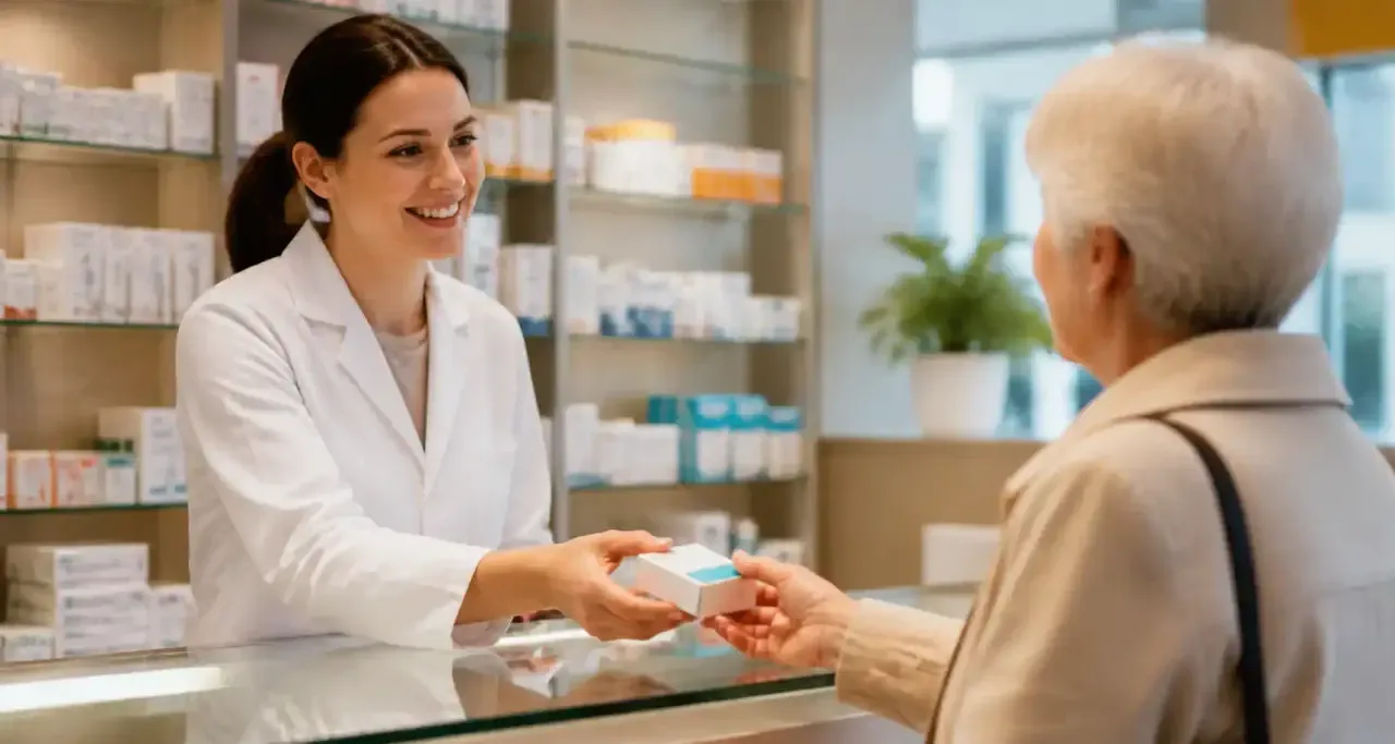 Pharmacien conseillant un client au comptoir de l'officine