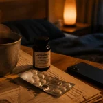 Complément alimentaire sommeil : mélatonine, plantes et magnésium sur table de nuit