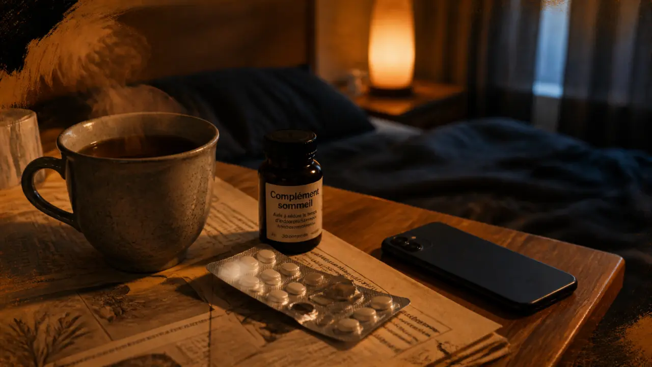 Complément alimentaire sommeil : mélatonine, plantes et magnésium sur table de nuit