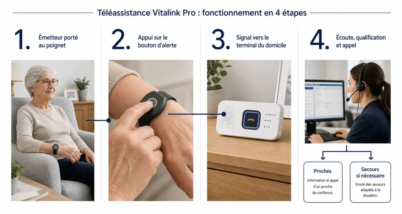 Comment fonctionne téléassistance Vitalink Pro : schéma du déclenchement de l’alerte et de la prise en charge
