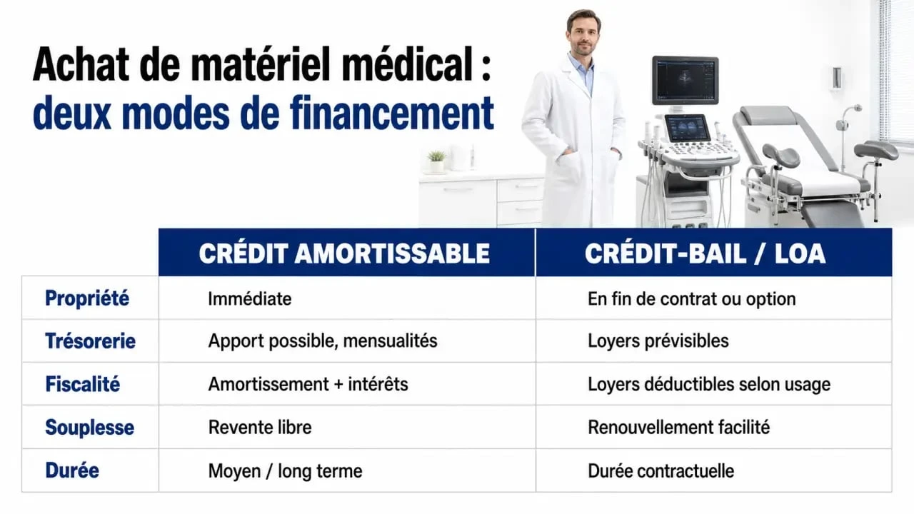 Financement matériel médical : comparaison visuelle entre crédit amortissable et crédit-bail/LOA