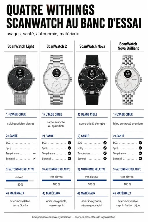 Montre connectée Withings : comparaison visuelle des modèles ScanWatch Light, ScanWatch 2, Nova et Nova Brilliant