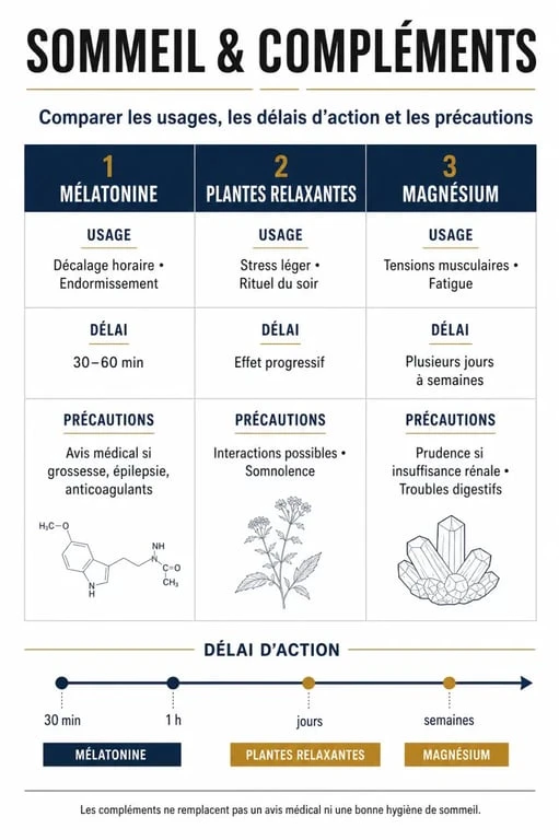 Complément alimentaire sommeil : infographie comparative des actifs, usages et précautions