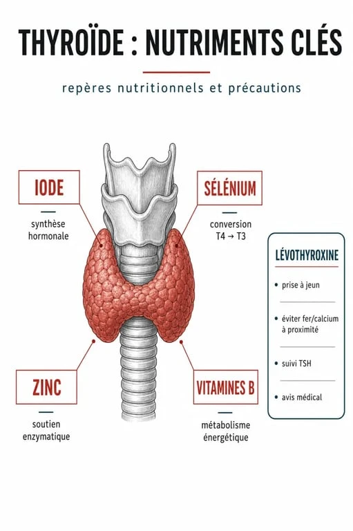Schéma du complément alimentaire thyroïde avec iode, sélénium et précautions de prise