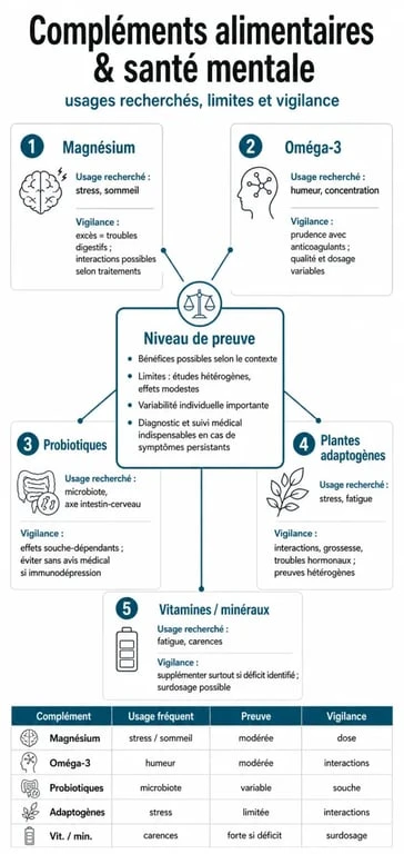 Infographie sur complément alimentaire et santé mentale : familles de compléments, bénéfices possibles et limites