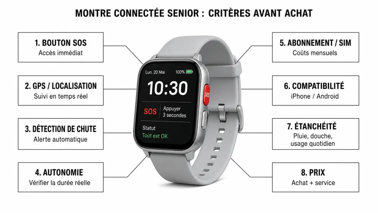Guide visuel pour choisir une montre connectée senior avec les critères SOS, GPS, chute et abonnement