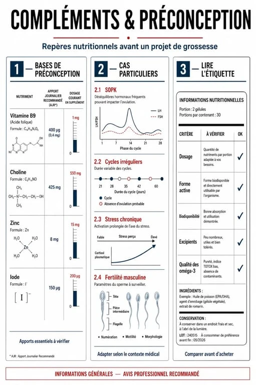 Complément alimentaire pour tomber enceinte : infographie comparative sur la vitamine B9, le myo-inositol, le zinc et les critères de choix