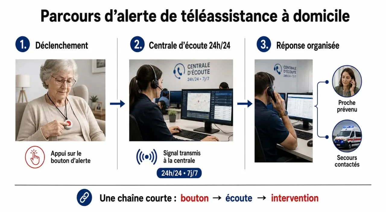 Orion téléassistance : schéma du parcours d’alerte entre le médaillon, la centrale et les secours