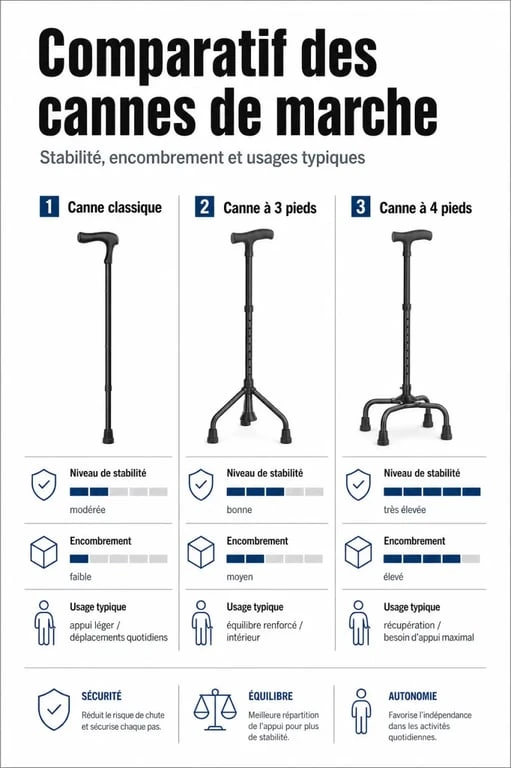 Canne à 3 pieds matériel médical comparée à une canne classique et à une canne quadripode