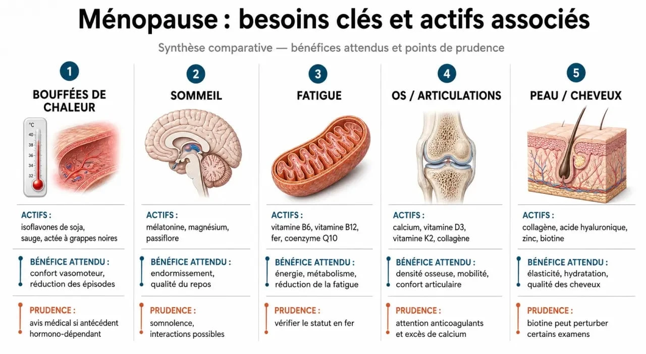Complément alimentaire pour la ménopause : tableau visuel des actifs selon les symptômes et les précautions