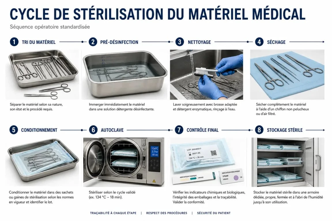 Stérilisation matériel médical : schéma éditorial du cycle de retraitement, du tri au stockage stérile