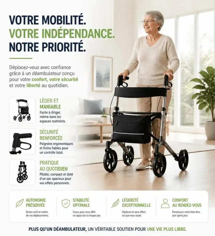 Utilisation d'un rollator pour la mobilité des seniors, matériel médical Identités.