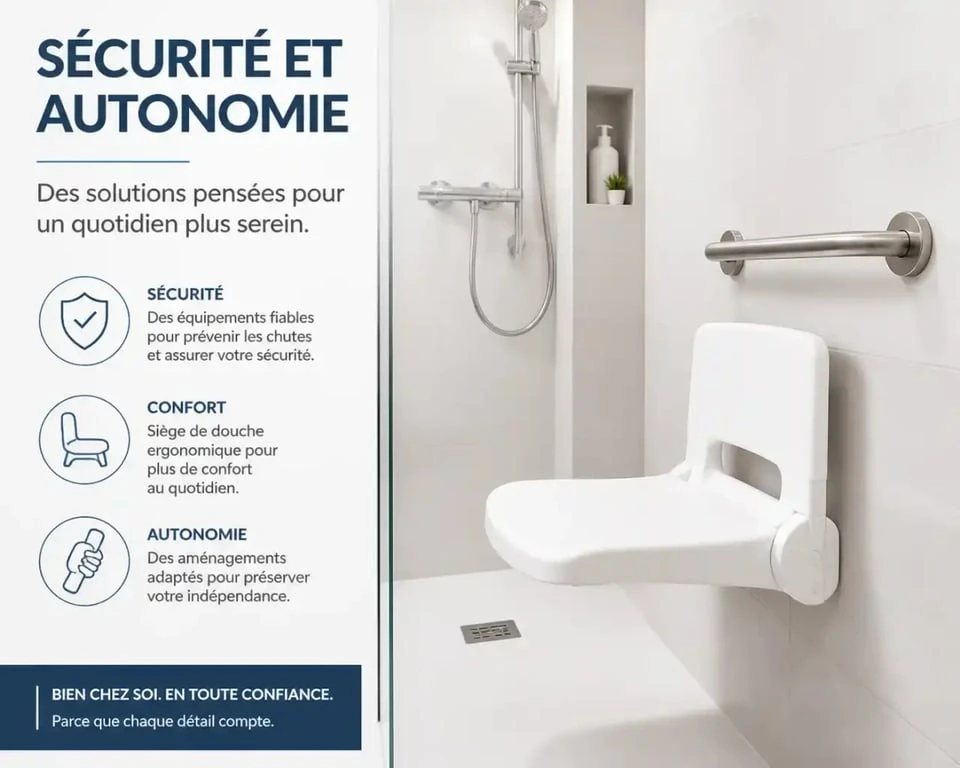 Siège de douche et barre d'appui pour sécuriser la salle de bain, matériel médical Identités.