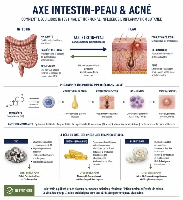 Schéma explicatif des mécanismes de l'acné et rôle des compléments alimentaires pour la peau