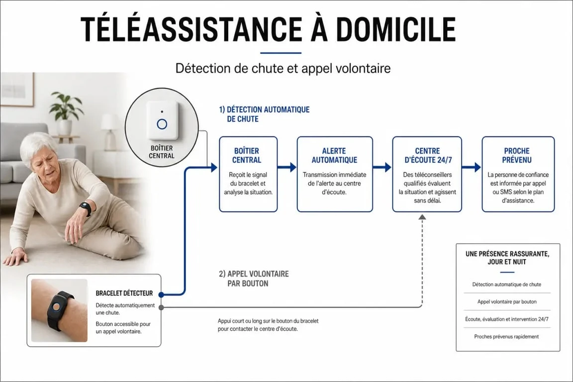 Schéma de téléassistance détecteur de chute à domicile avec bracelet, boîtier et appel au centre d’écoute