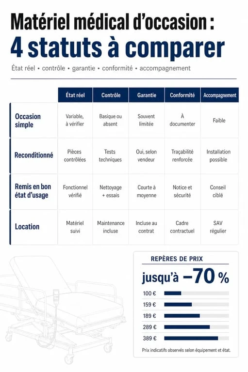 Infographie sur le matériel médical occasion comparant occasion, reconditionné, remis en bon état d’usage et location
