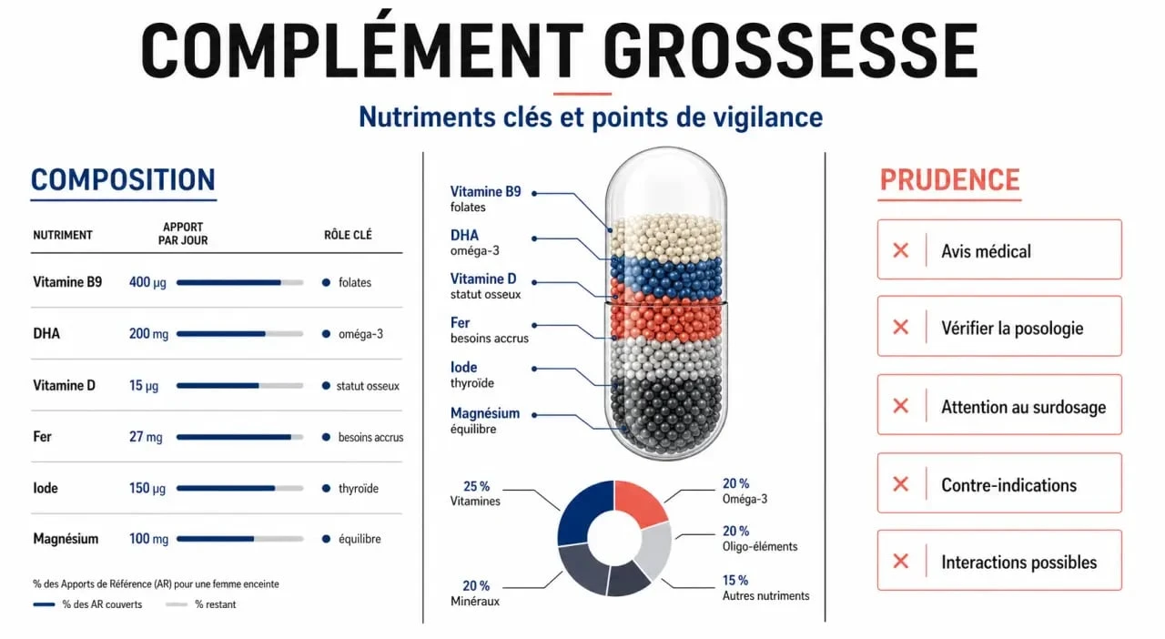 Complément alimentaire grossesse : nutriments clés à vérifier et points de vigilance