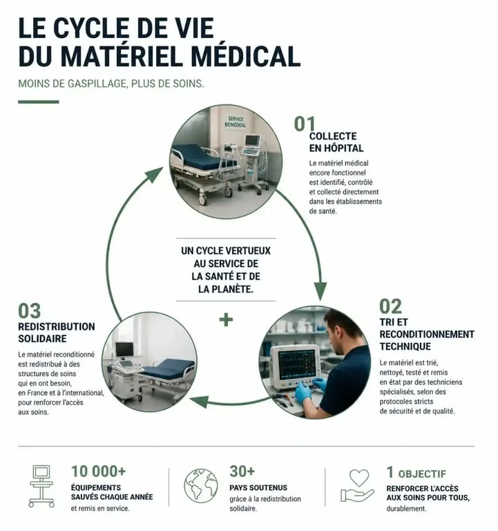 Schéma du cycle de vie du matériel médical pour association récupération matériel médical