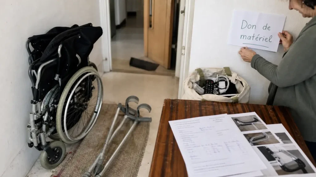 Matériel médical d'occasion à donner : fauteuil roulant et béquilles prêts pour la collecte