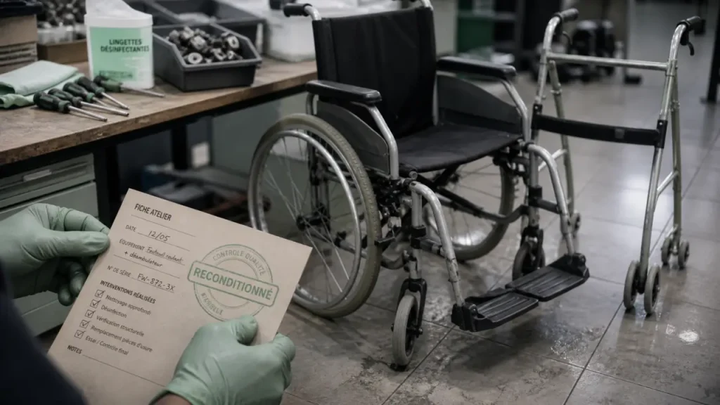 Matériel médical occasion reconditionné : fauteuil roulant et déambulateur