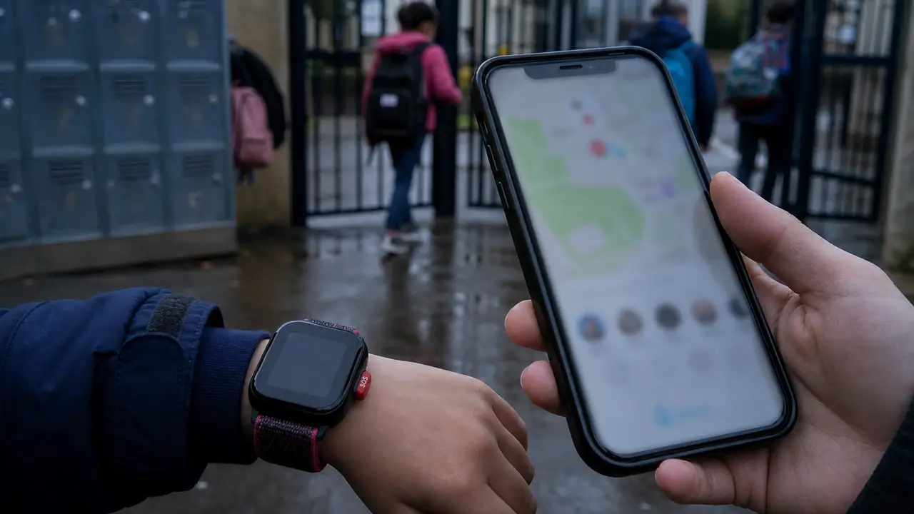 Montre connectée enfance avec GPS et bouton SOS, parent montre la carte sur smartphone