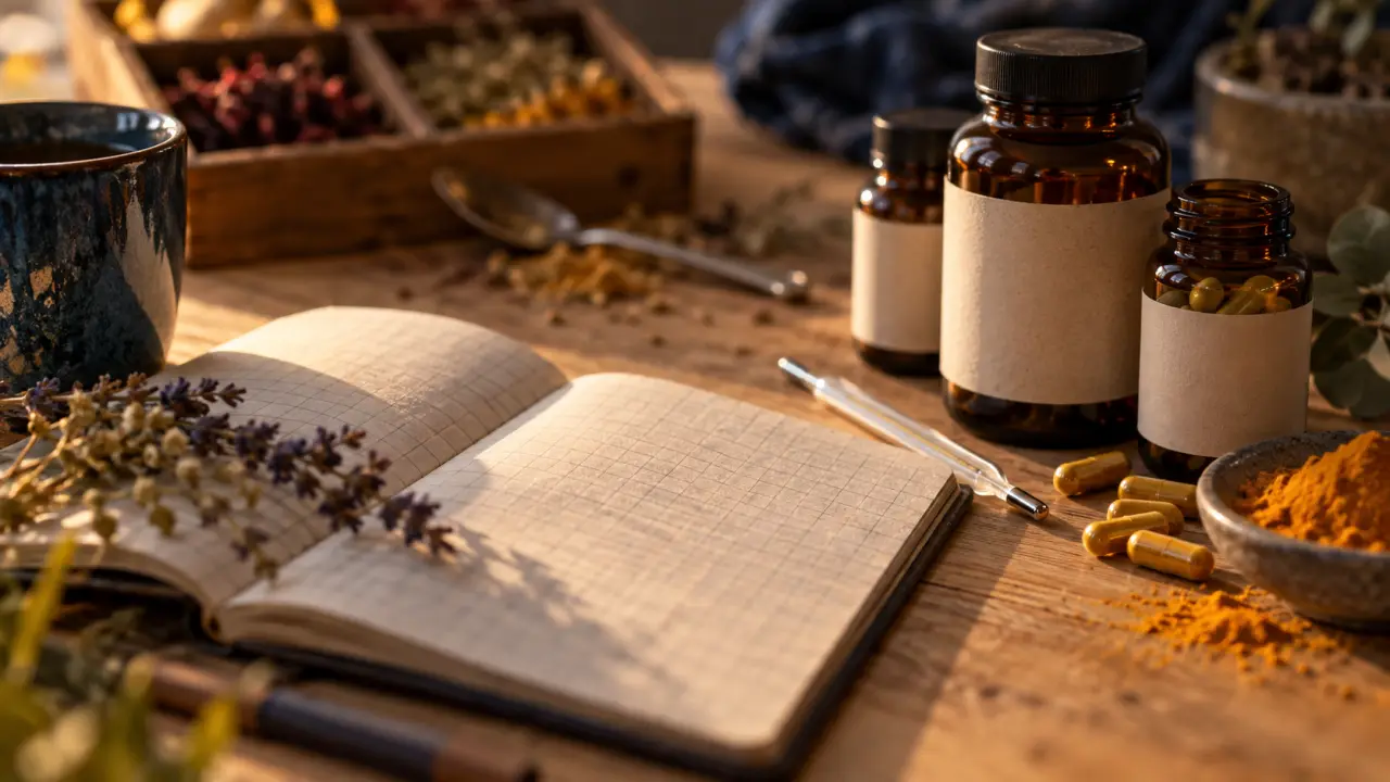 Complément alimentaire anti inflammatoire : flacons et capsules sur table