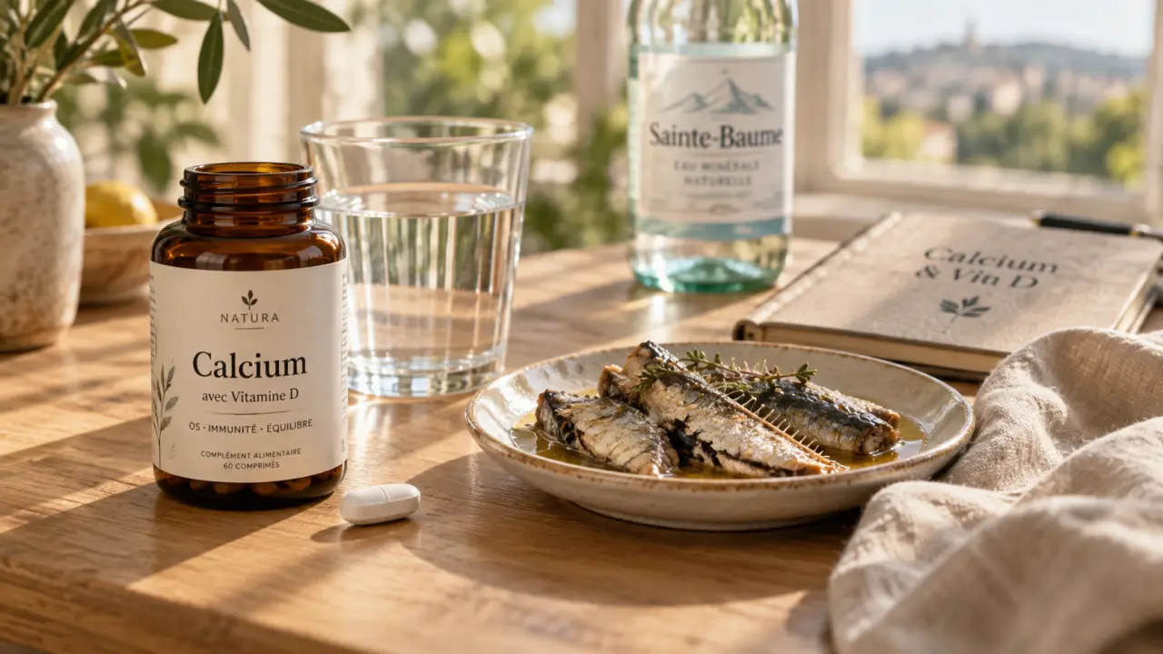 Complément alimentaire calcium : flacon et comprimé pour des os et une digestion