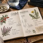 Complément alimentaire confort urinaire : capsules et herbes sur table