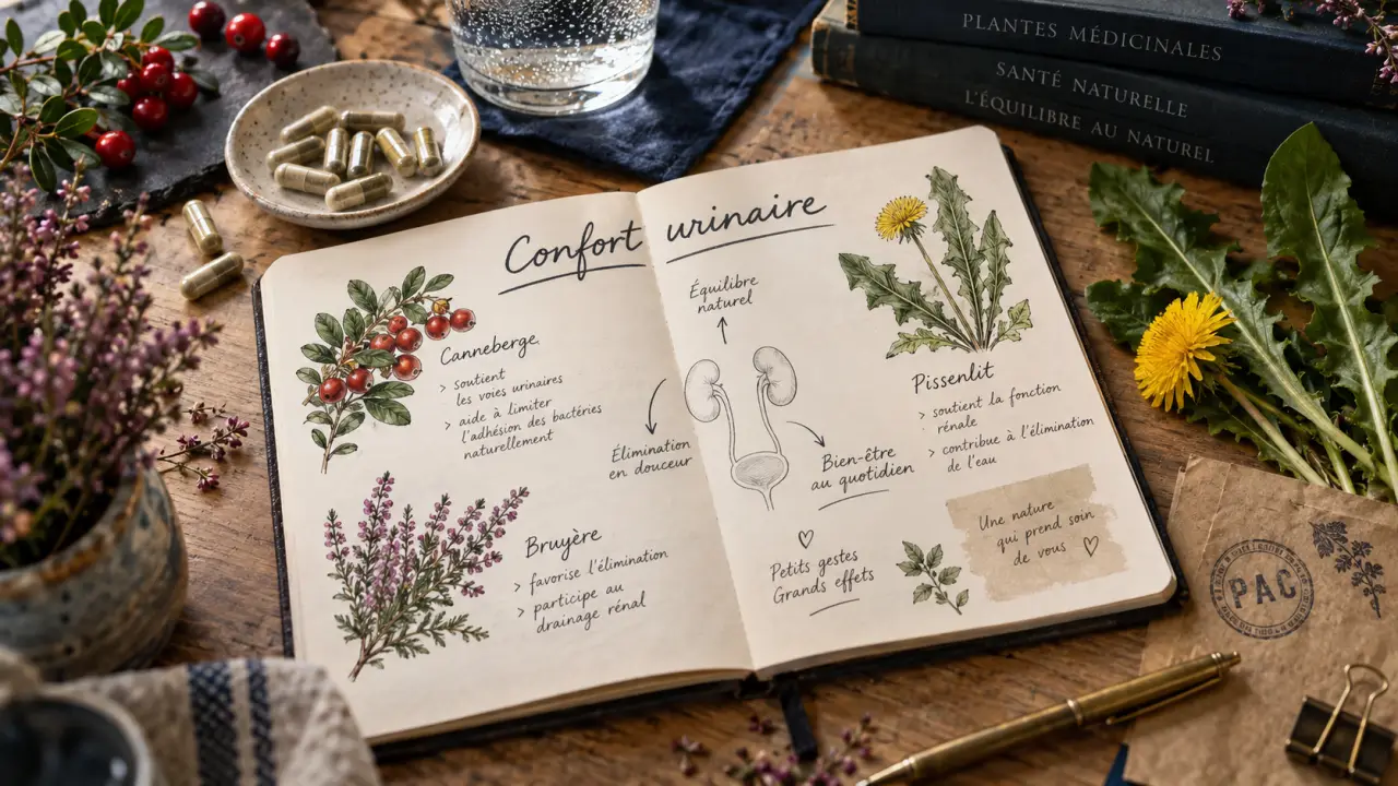 Complément alimentaire confort urinaire : capsules et herbes sur table