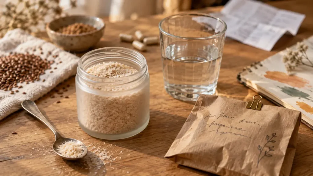 Complément alimentaire constipation : psyllium en poudre avec verre d’eau