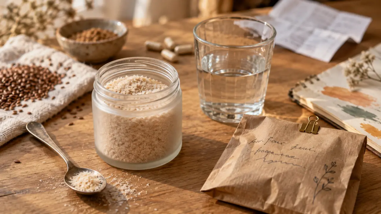Complément alimentaire constipation : psyllium en poudre avec verre d’eau