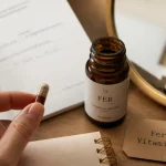 Complément alimentaire fer : gélule et flacon sur bureau, Vitamine C