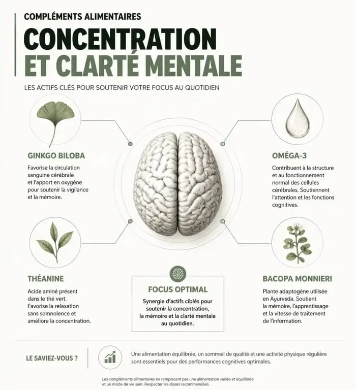 Infographie des compléments alimentaires pour la concentration et leurs actifs clés
