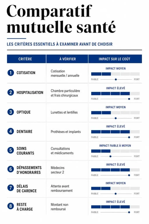 Infographie du comparatif mutuelle assurance santé avec cotisation, garanties et reste à charge