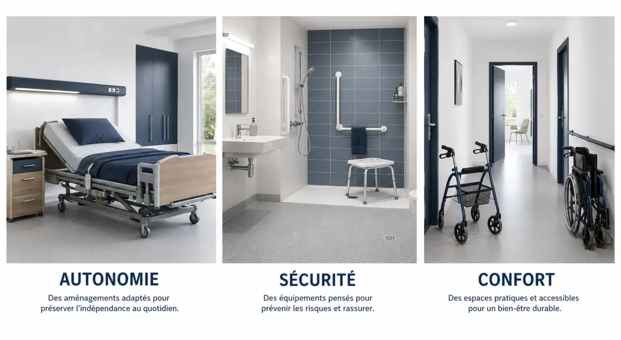 Matériel médical maintien à domicile : chambre, salle de bains et mobilité dans un visuel éditorial