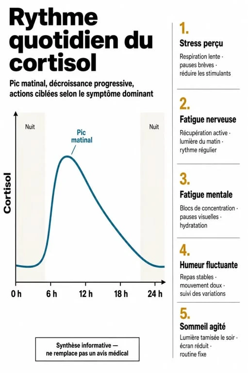 Complément alimentaire pour baisser le cortisol : rythme quotidien du cortisol et actifs clés selon le symptôme dominant