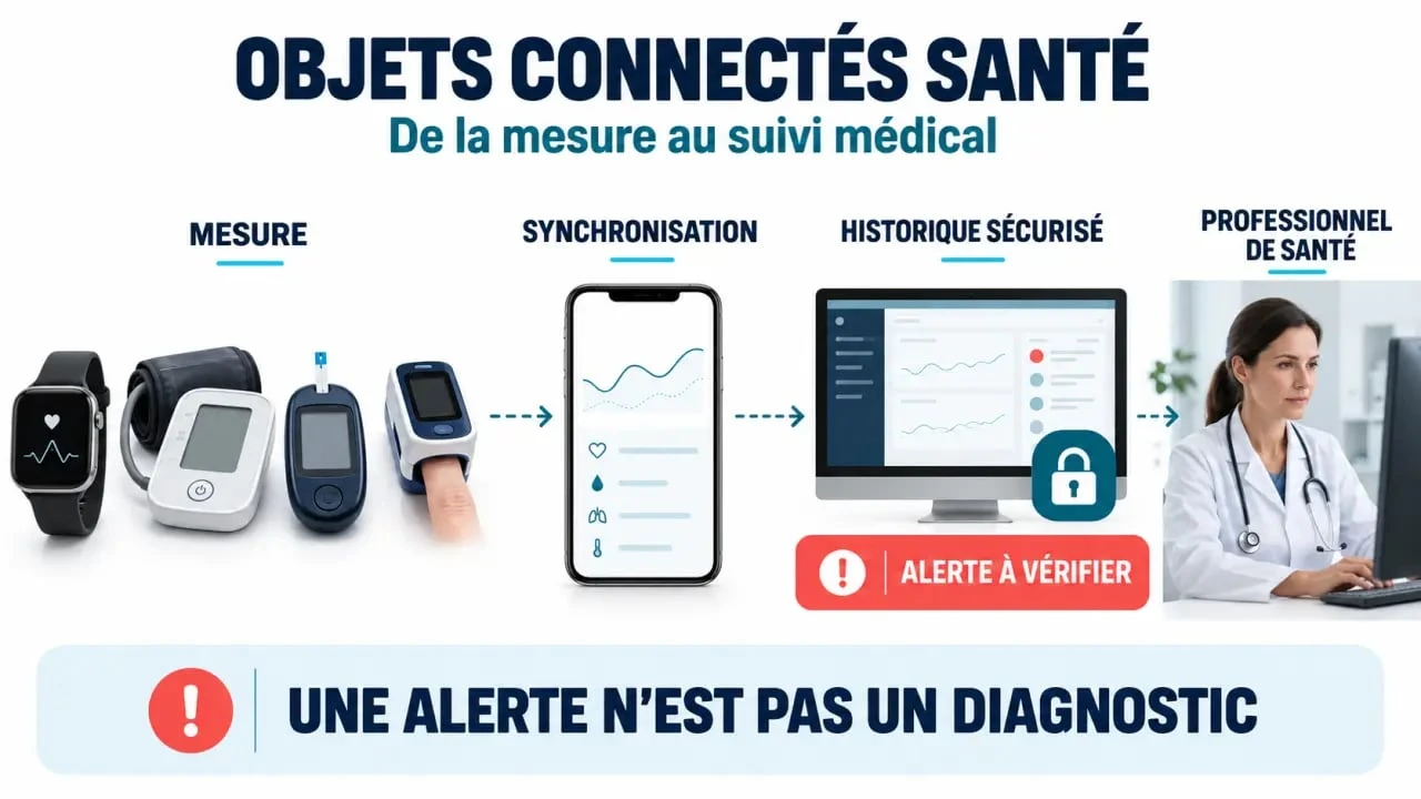 Infographie sur le fonctionnement des objets connectés santé, du capteur à la transmission des données