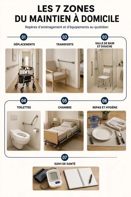 Catalogue de matériel médical pour le maintien à domicile organisé par zones du quotidien