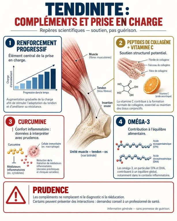 Infographie sur le complément alimentaire tendinite, le collagène, la vitamine C et la rééducation progressive